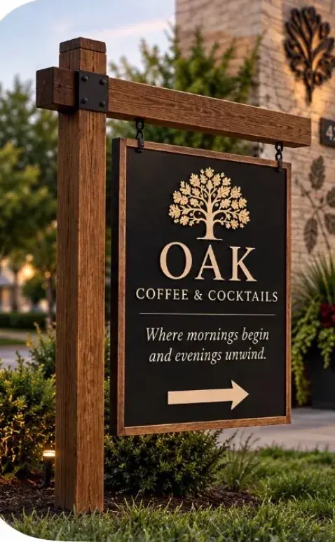Oak Coffee and Cocktails wooden sign reading Where mornings begin and evenings unwind